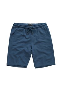 Pantaloni corti in cotone blu con vita elasticizzata, dettaglio con cordoncino e tasche laterali; presentano una superficie liscia e una vestibilità comoda.