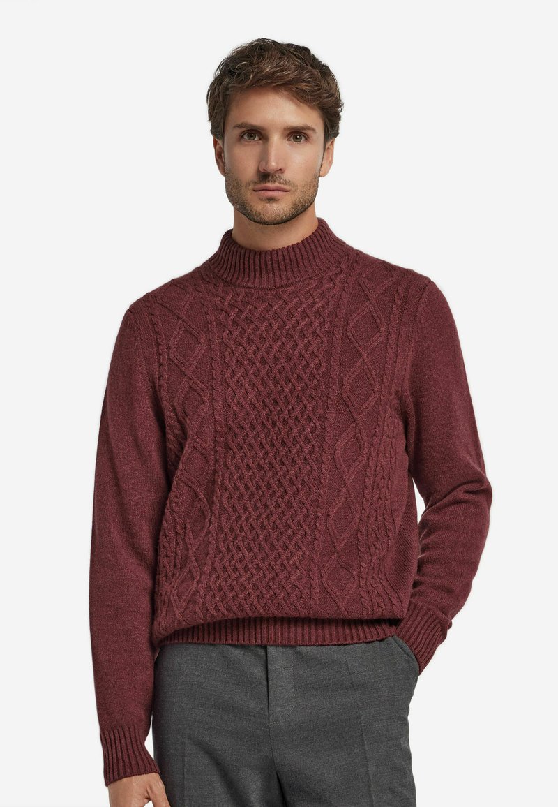 Bordnetz-Strickpullover mit hohem Kragen und strukturierten Zopfmuster auf der Vorderseite. Rippenbündchen und -saum, aus weichem Material hergestellt.