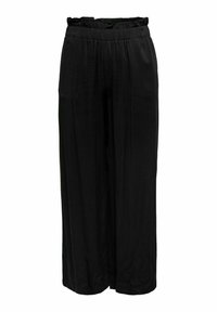 Zwarte broek met wijde pijpen van zachte stof, voorzien van een elastische tailleband met plooien en subtiele plooien voor extra ontwerpdetail.