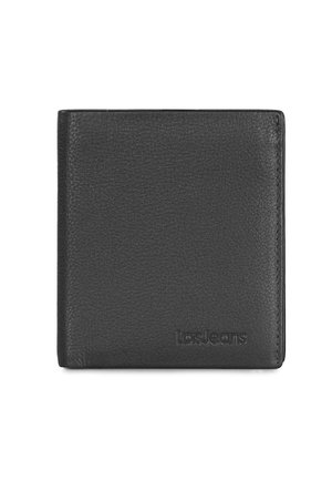 Billetera de cuero negra con acabado texturizado. Presenta un diseño minimalista y branding en relieve en la parte frontal. Estilo bi-fold.