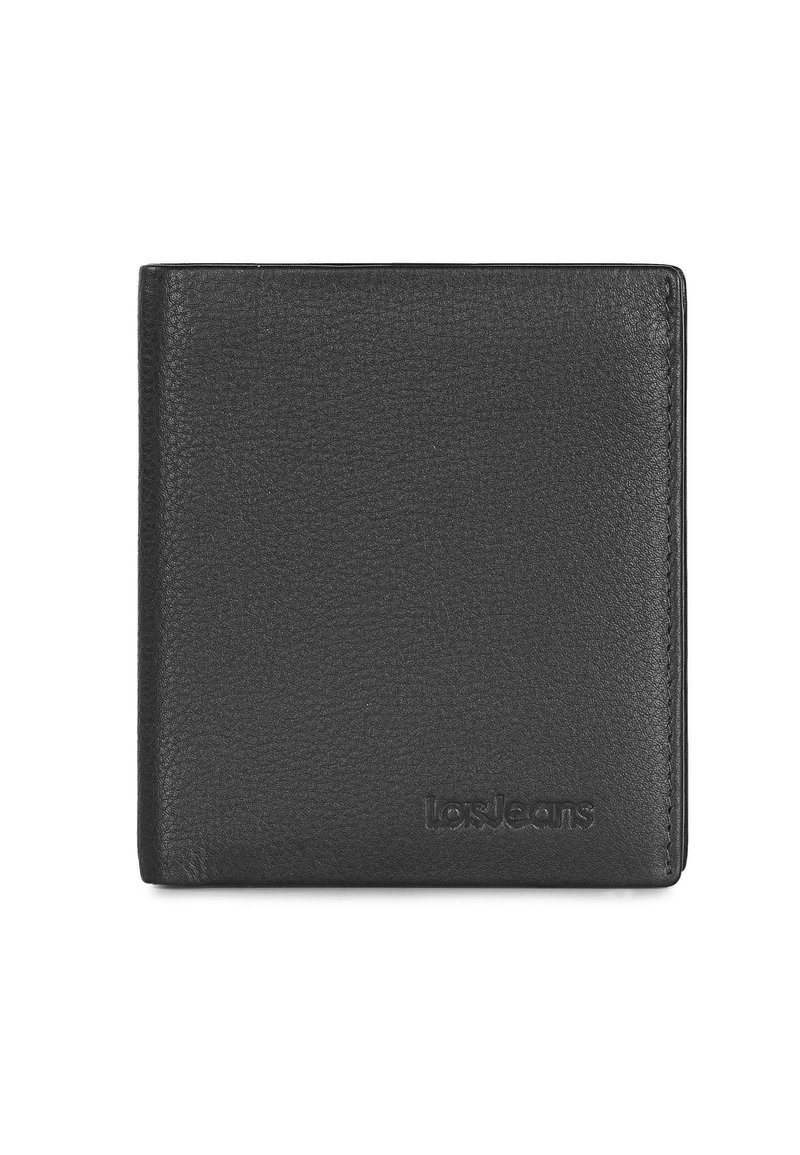 Billetera de cuero negra con acabado texturizado. Presenta un diseño minimalista y branding en relieve en la parte frontal. Estilo bi-fold.