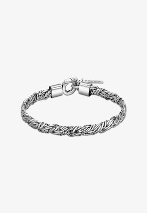 Silver bracelet with woven design, featuring a smooth, shiny texture and clasp closure, marked with "POLICE."