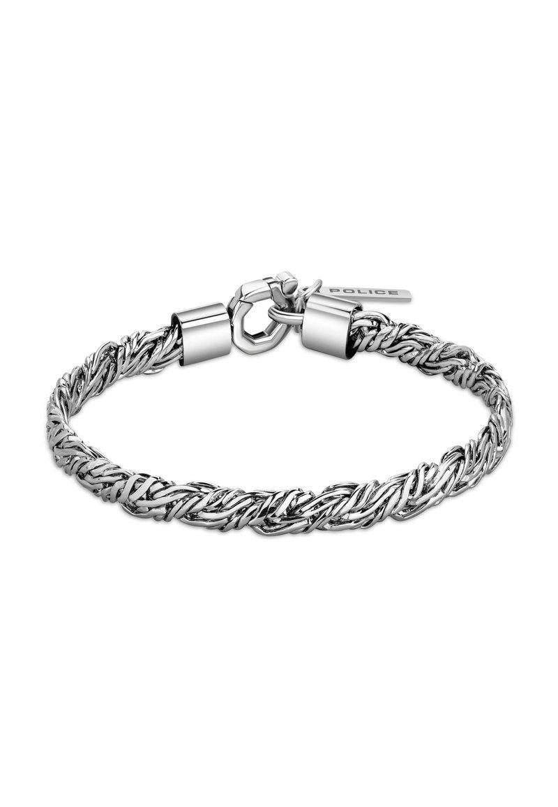 Bracciale in argento con design intrecciato, caratterizzato da una superficie liscia e lucida e chiusura a gancio, contrassegnato con "POLICE."