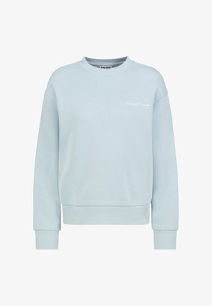 Light blue cotton sweatshirt with a crew neckline, ribbed cuffs and hem, featuring a subtle white logo on the left chest.