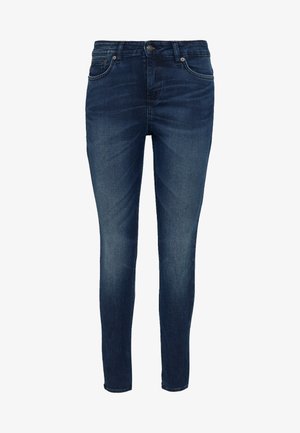 Donkerblauwe skinny jeans van denim, met een middelhoge taille, vijf zakken en subtiele vervaging aan de voorkant voor een versleten uitstraling.