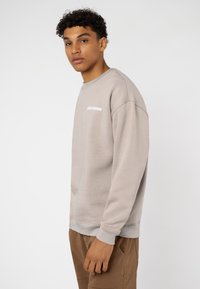 Lichtgrijze sweatshirt met ribgebreide manchetten en zoom, featuring witte "WORLDWIDE" tekst op de voorkant, gemaakt van zachte, gestructureerde stof.
