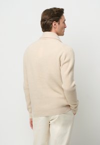 Beige gestreifter Strickpullover mit hohem Kragen und langen Ärmeln, von hinten präsentiert, kombiniert mit hellen Hosen.