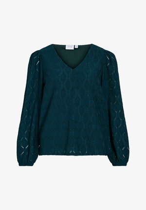 Blusa color verdete con escote en V y mangas largas abullonadas. Presenta un patrón geométrico texturizado y puños elásticos, confeccionada en una tela liviana.
