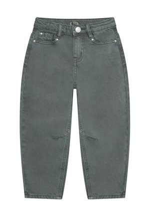 Graue Kinderjeans mit hoher Taille, Knopf- und Reißverschluss, vorne Taschen und leicht zulaufenden Beinen.