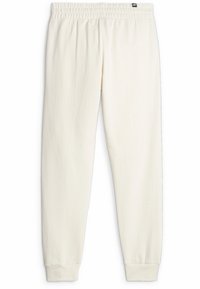 Pantalones de chándal blancos con una cintura elástica, puños acanalados y una textura suave. Presenta un pequeño logo cerca de la cintura.