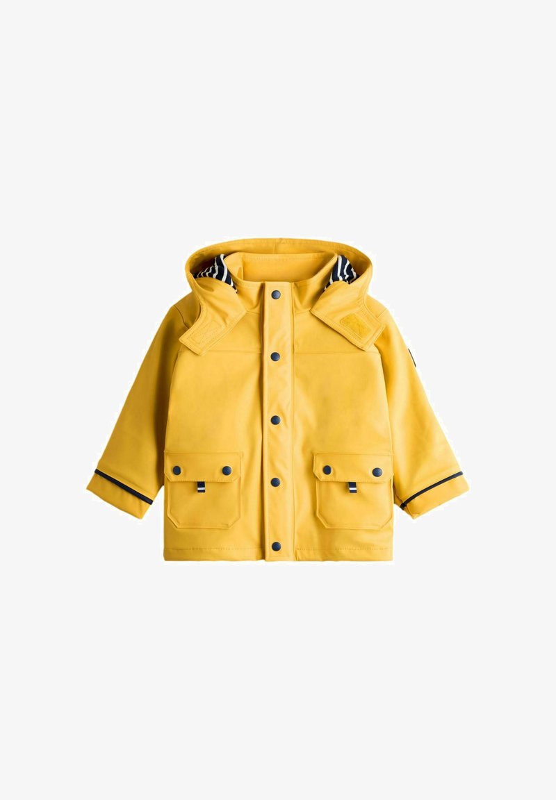 Yellow waterproof hooded raincoat with black snap buttons, two front flap pockets, and striped lining inside the hood.
