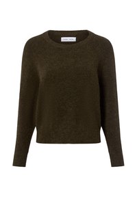 Donkergroene trui met een ronde hals, lange mouwen en een zachte, gestructureerde afwerking. Lichtgewicht stof met een ontspannen pasvorm.