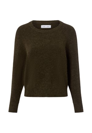 Pull uni vert foncé avec un col rond, des manches longues et une finition douce et texturée. Tissu léger avec une coupe décontractée.