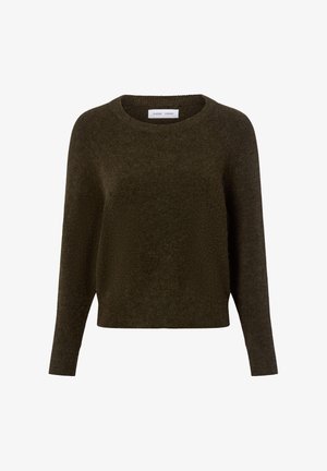 Donkergroene trui met een ronde hals, lange mouwen en een zachte, gestructureerde afwerking. Lichtgewicht stof met een ontspannen pasvorm.