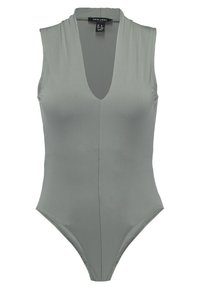 Olivengrøn ærmeløs bodystocking med en dyb V-udskæring, glat tekstur og tætsiddende design. Ingen yderligere mønstre eller detaljer.