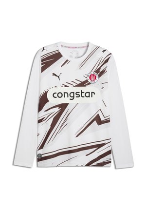 Langærmet hvid fodboldtrøje med brune abstrakte mønstre, Puma-logo, FC St. Pauli 1910-emblem og Congstar sponsornavn foran.