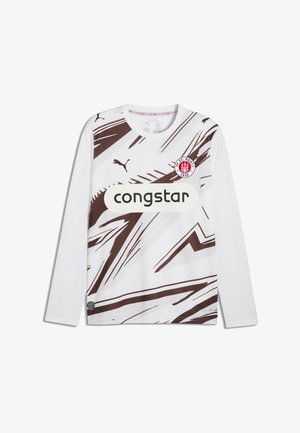 Biała koszulka piłkarska z długim rękawem z brązowymi abstrakcyjnymi wzorami, logo Puma, godło FC St. Pauli 1910 oraz nazwą sponsora Congstar na przodzie.
