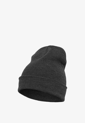 Dark gray knitted beanie hat with a fold-over brim and a soft texture. Features a slouchy design with a seamless top.