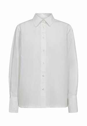 White long-sleeve shirt made of smooth cotton. Features a classic collar, a button-up front with pearlescent buttons, and fitted cuffs.