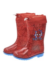Bottes de pluie en caoutchouc rouges avec un design Spider-Man et un motif de toile. Elles présentent une semelle bleue et un cordon blanc en haut. Fini transparent.