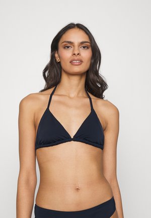 Donkerblauwe bikini top met een driehoekig ontwerp, halternekbandjes en gathers in het midden. Gladde, rekbare stof.