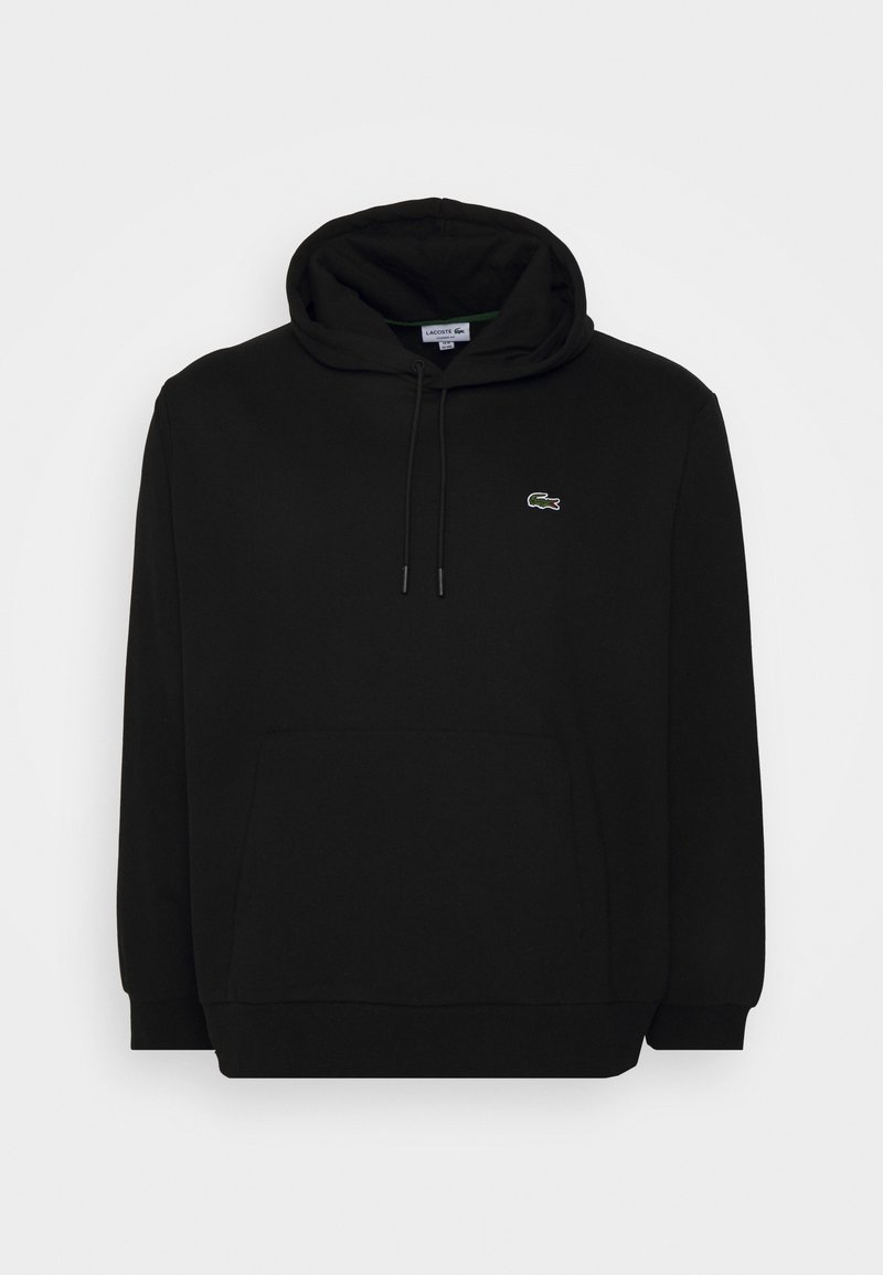 Sudadera negra con bolsillo frontal, capucha con cordón y un pequeño logo verde de Lacoste en el pecho. Fabricada con un suave material de mezcla de algodón.