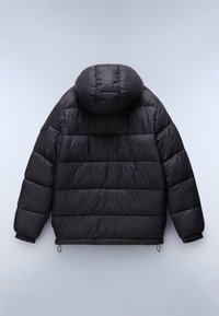 Czarna kurtka puchowa z kapturem, z pikowanym wzorem, elastycznymi mankietami i sznurkiem ściągającym u dołu. Gładka, błyszcząca faktura.