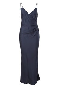 Navyblauwe satijnen jurk met een wikkeldesign, verstelbare dunne bandjes, zijrouche en een hoge split aan de linkerkant voor gemakkelijk bewegen.