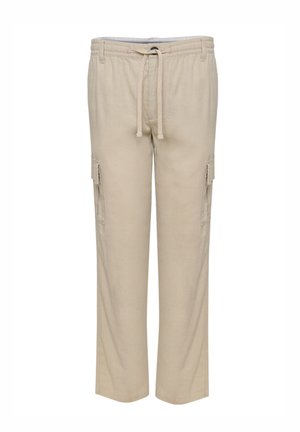 Beige Cargohosen mit elastischem Bund und Kordelzug, versehen mit seitlichen Patten Taschen und geradem Bein.