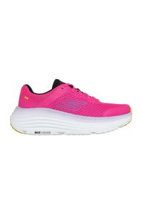 Scarpa sportiva rosa con tomaia in mesh, dettagli neri e suola bianca spessa. Presenta il marchio "MAX CUSHION" sul lato della suola.