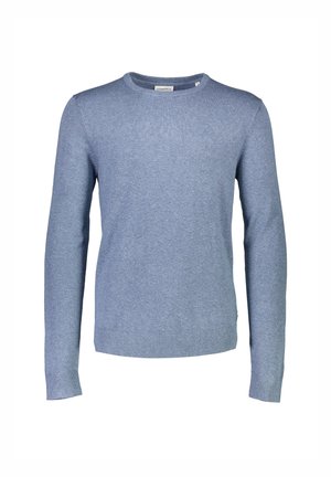 Maglione azzurro chiaro a maniche lunghe, realizzato in tessuto morbido e lavorato, con scollo rotondo e polsini e orlo a coste. Design semplice e classico.