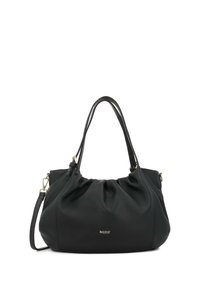 Borsa a tracolla in pelle nera con un design morbido, dotata di due manici e una tracolla regolabile. Accessori in oro mettono in risalto il nome del marchio.
