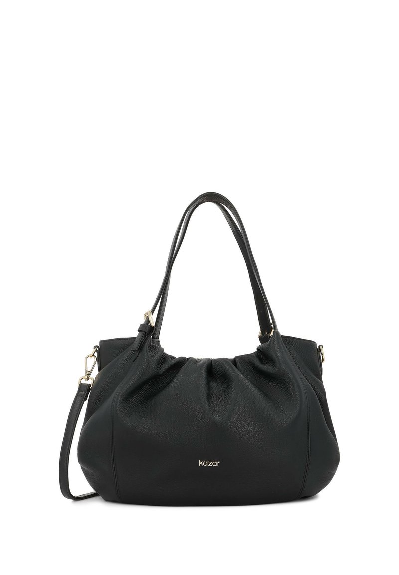Borsa a tracolla in pelle nera con un design morbido, dotata di due manici e una tracolla regolabile. Accessori in oro mettono in risalto il nome del marchio.