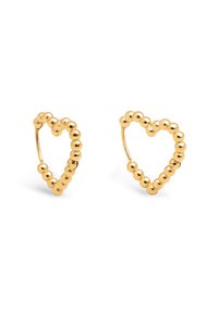 Pendientes de aro de oro en forma de corazones, con un diseño de cuentas y un acabado brillante. Las cuentas redondeadas y distintivas crean un aspecto texturizado.