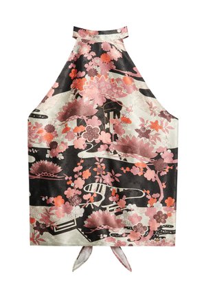 Top halter in seta con motivi floreali rosa e neri. Presenta un laccetto al collo, bordi curvi e una superficie liscia con una finitura lucida.