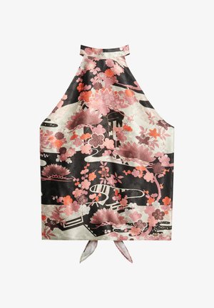 Silke halterneck-top med pink og sorte blomster mønstre. Den har et nakkebånd, buede kanter og en glat tekstur med en blank finish.