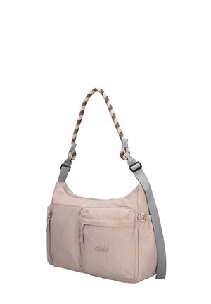 Sac à bandoulière rose clair avec plusieurs poches zippées, sangle réglable et détail de poignée tressée.
