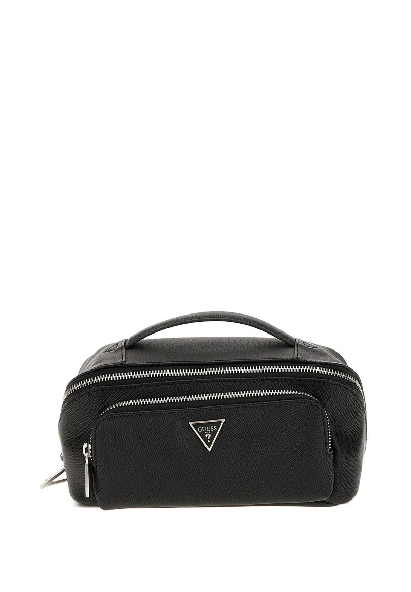 Borsa cosmetica nera in materiale sintetico, con chiusura a zip, tasca frontale e accento del logo triangolare. Manico per un facile trasporto.