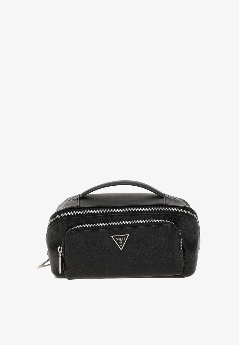 Borsa cosmetica nera in materiale sintetico, con chiusura a zip, tasca frontale e accento del logo triangolare. Manico per un facile trasporto.