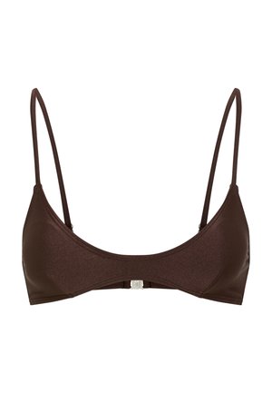 Braunes Bikinioberteil mit Metallic-Finish, dünnen, verstellbaren Trägern und Verschluss auf der Rückseite; glatte Textur und minimalistisches Design.
