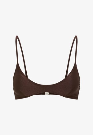 Hnedý, kovový vrchný diel bikín s tenkými, nastaviteľnými ramienkami a zapínaním vzadu; hladká textúra a minimalistický dizajn.