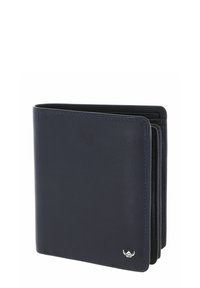 Portefeuille bi-volets en cuir noir avec coutures visibles et petit logo argenté dans le coin inférieur, présenté légèrement ouvert sur fond blanc.