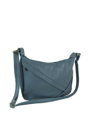 Blauwe leren crossbody-handtas met verstelbare band en klepsluiting, weergegeven op een witte achtergrond.