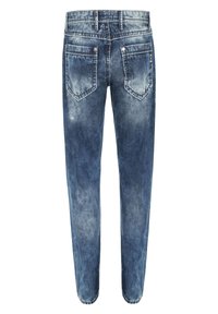 Blue denim jeans with a faded effect, straight-leg design, five pockets, and contrasting stitching and metal rivets.