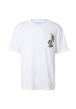 Witte T-shirt met korte mouwen, met een klein kleurrijk True Religion-logo en tekst op het linkerborstgedeelte, ronde hals.