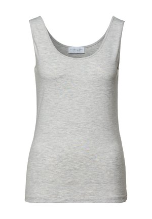 Šedý bezrukávový top vyrobený z měkké látky, s kulatým výstřihem a jednoduchým designem bez dalších vzorů nebo akcentů.