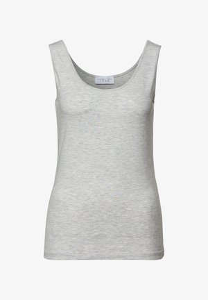 Harmaa hihaton toppi, joka on valmistettu pehmeästä kankaasta. Siinä on pyöreä kaula-aukko ja yksinkertainen muotoilu ilman lisäkuvioita tai korostuksia.