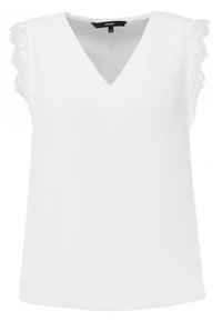 Débardeur blanc sans manches avec un décolleté en V, ornés de détails en dentelle sur les épaules et d'une texture de tissu lisse.