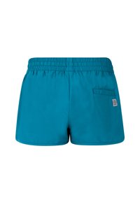 Tyrkysové šortky s elastickým pásom a zadnou vreckom. Hladká textúra, jednoduchý dizajn a malá logo detail pri vrecku.