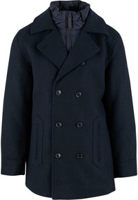 Marineblauer Wollpeacoat mit doppeltknöpfbarem Verschluss, großen Revers, Seitentaschen und gesteppter Innenausstattung. Strukturierter Stoff mit glatter Oberfläche.